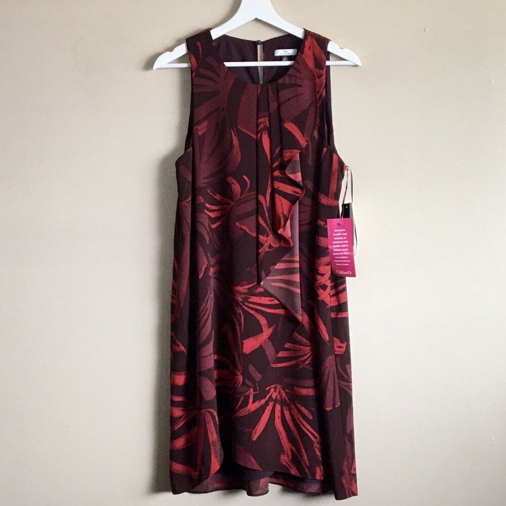 Halston Carmine Botanical Leaf Chiffon Dress Size 8 Burgundy